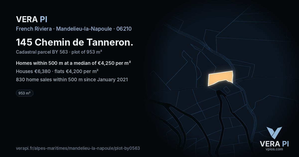 145 Chemin de Tanneron, Mandelieu-la-Napoule at night – the plot lit, the parcels around coloured by the prices near them
