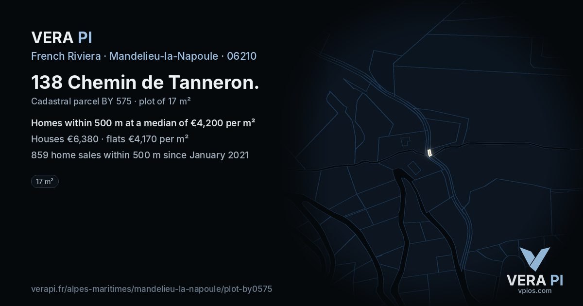 138 Chemin de Tanneron, Mandelieu-la-Napoule at night – the plot lit, the parcels around coloured by the prices near them