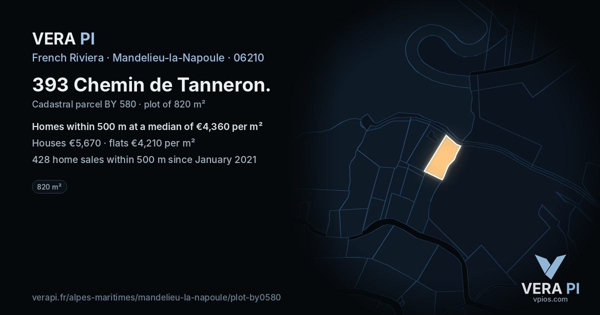 393 Chemin de Tanneron, Mandelieu-la-Napoule at night – the plot lit, the parcels around coloured by the prices near them