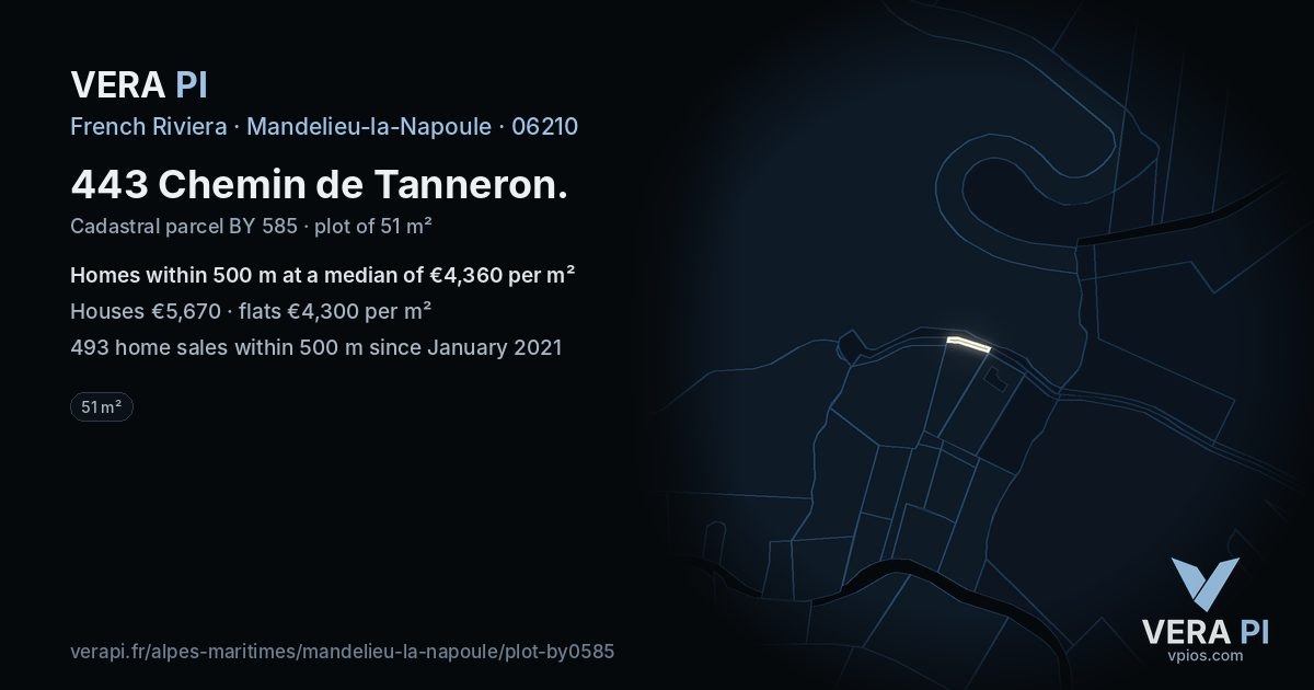 443 Chemin de Tanneron, Mandelieu-la-Napoule at night – the plot lit, the parcels around coloured by the prices near them
