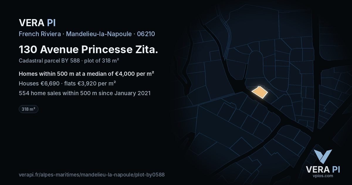 130 Avenue Princesse Zita, Mandelieu-la-Napoule at night – the plot lit, the parcels around coloured by the prices near them