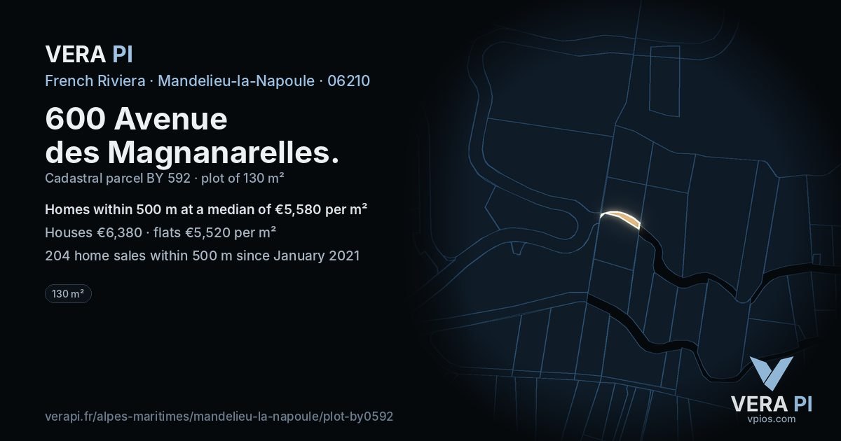 600 Avenue des Magnanarelles, Mandelieu-la-Napoule at night – the plot lit, the parcels around coloured by the prices near them