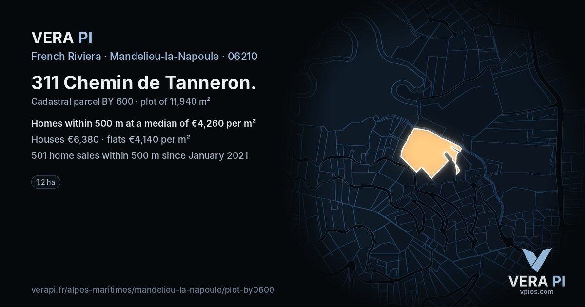 311 Chemin de Tanneron, Mandelieu-la-Napoule at night – the plot lit, the parcels around coloured by the prices near them