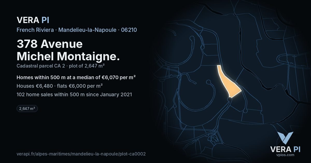 378 Avenue Michel Montaigne, Mandelieu-la-Napoule at night – the plot lit, the parcels around coloured by the prices near them