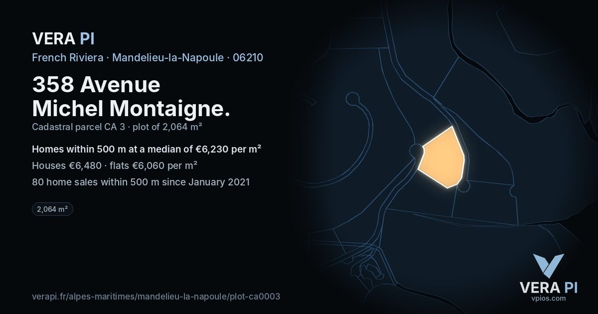 358 Avenue Michel Montaigne, Mandelieu-la-Napoule at night – the plot lit, the parcels around coloured by the prices near them