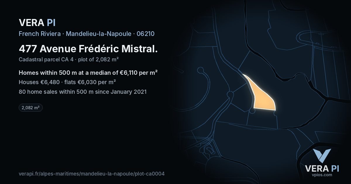 477 Avenue Frédéric Mistral, Mandelieu-la-Napoule at night – the plot lit, the parcels around coloured by the prices near them