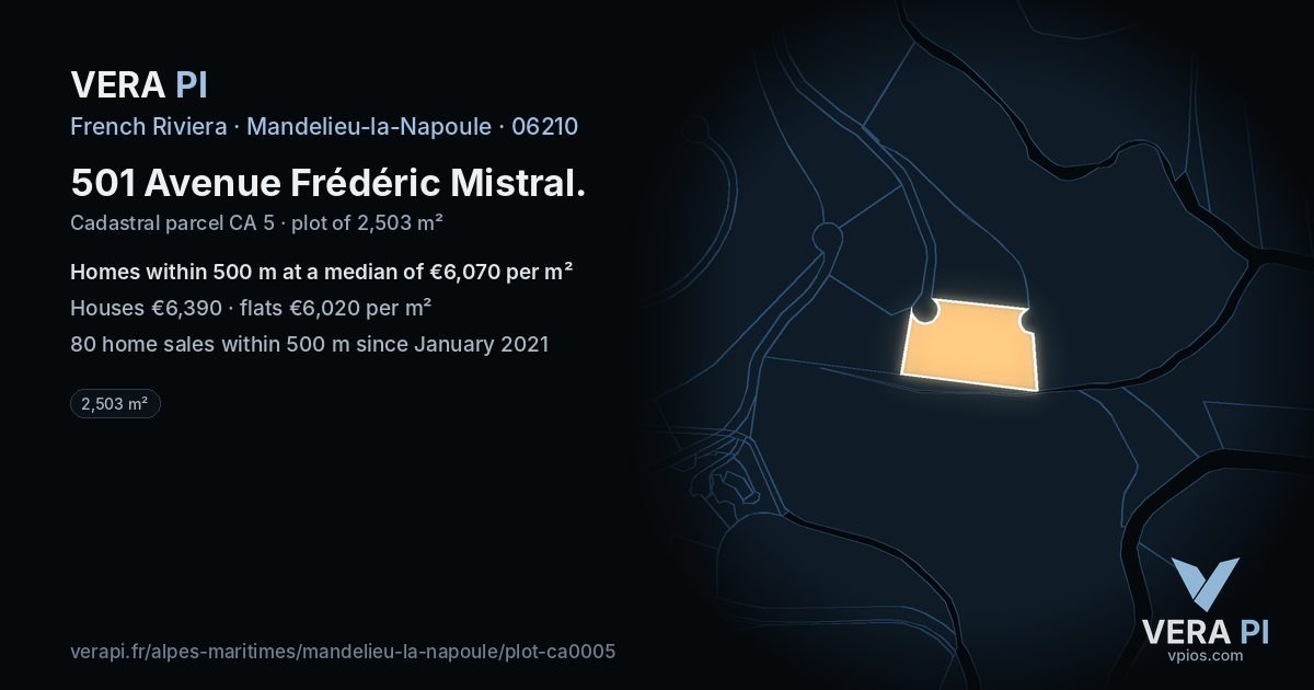 501 Avenue Frédéric Mistral, Mandelieu-la-Napoule at night – the plot lit, the parcels around coloured by the prices near them