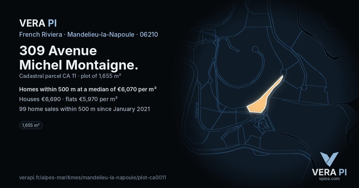 309 Avenue Michel Montaigne, Mandelieu-la-Napoule at night – the plot lit, the parcels around coloured by the prices near them