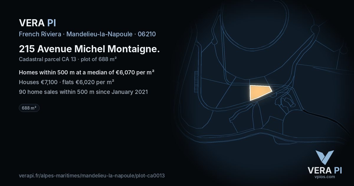 215 Avenue Michel Montaigne, Mandelieu-la-Napoule at night – the plot lit, the parcels around coloured by the prices near them