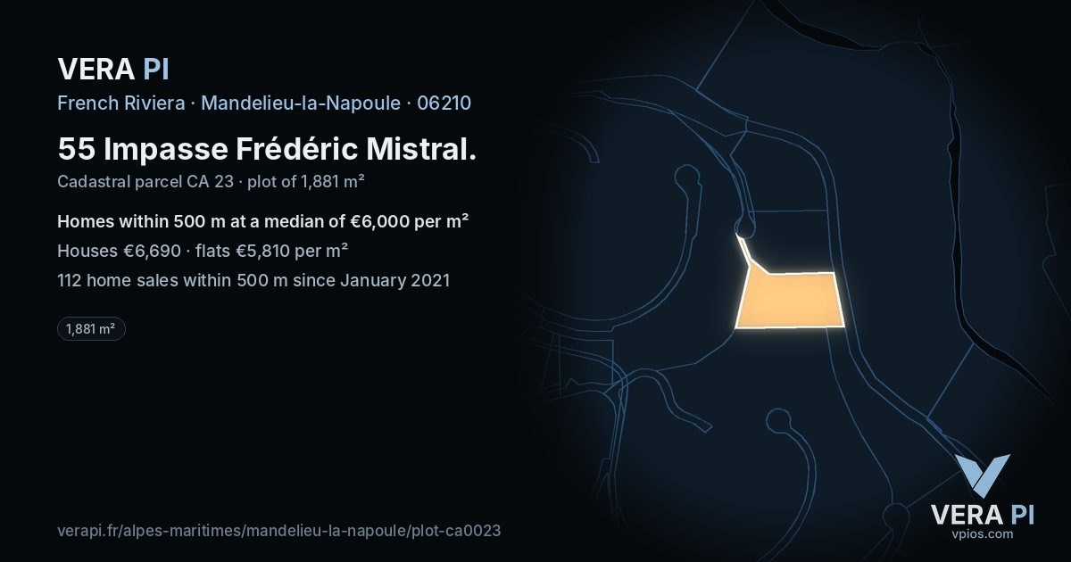 55 Impasse Frédéric Mistral, Mandelieu-la-Napoule at night – the plot lit, the parcels around coloured by the prices near them