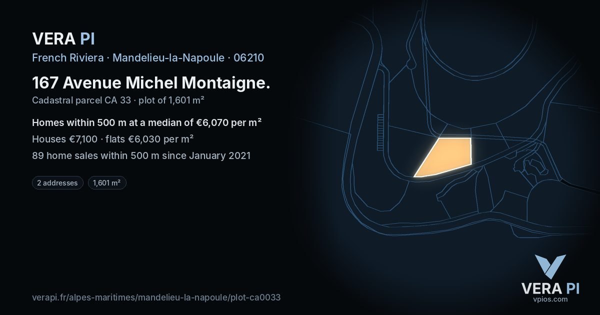 167 Avenue Michel Montaigne, Mandelieu-la-Napoule at night – the plot lit, the parcels around coloured by the prices near them
