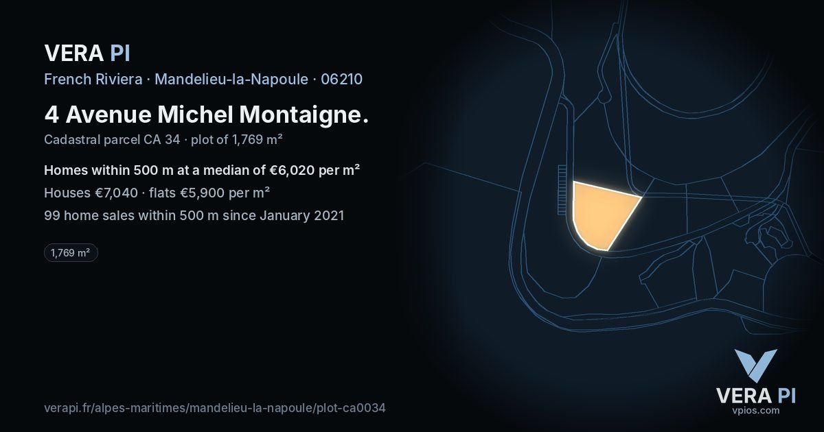 4 Avenue Michel Montaigne, Mandelieu-la-Napoule at night – the plot lit, the parcels around coloured by the prices near them
