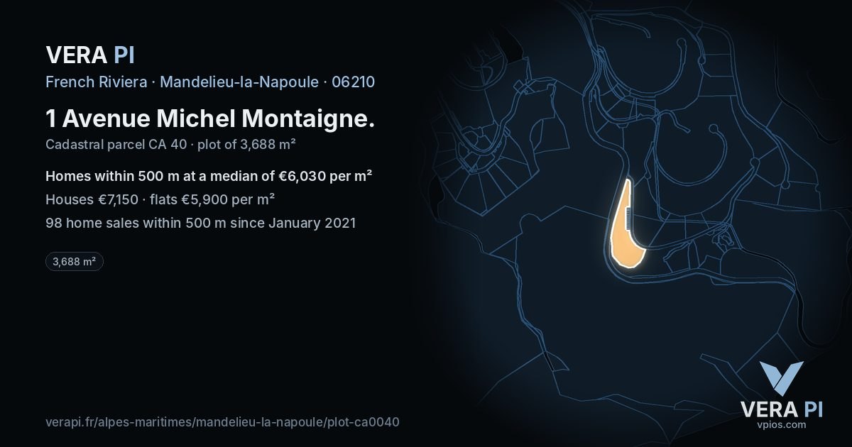 1 Avenue Michel Montaigne, Mandelieu-la-Napoule at night – the plot lit, the parcels around coloured by the prices near them