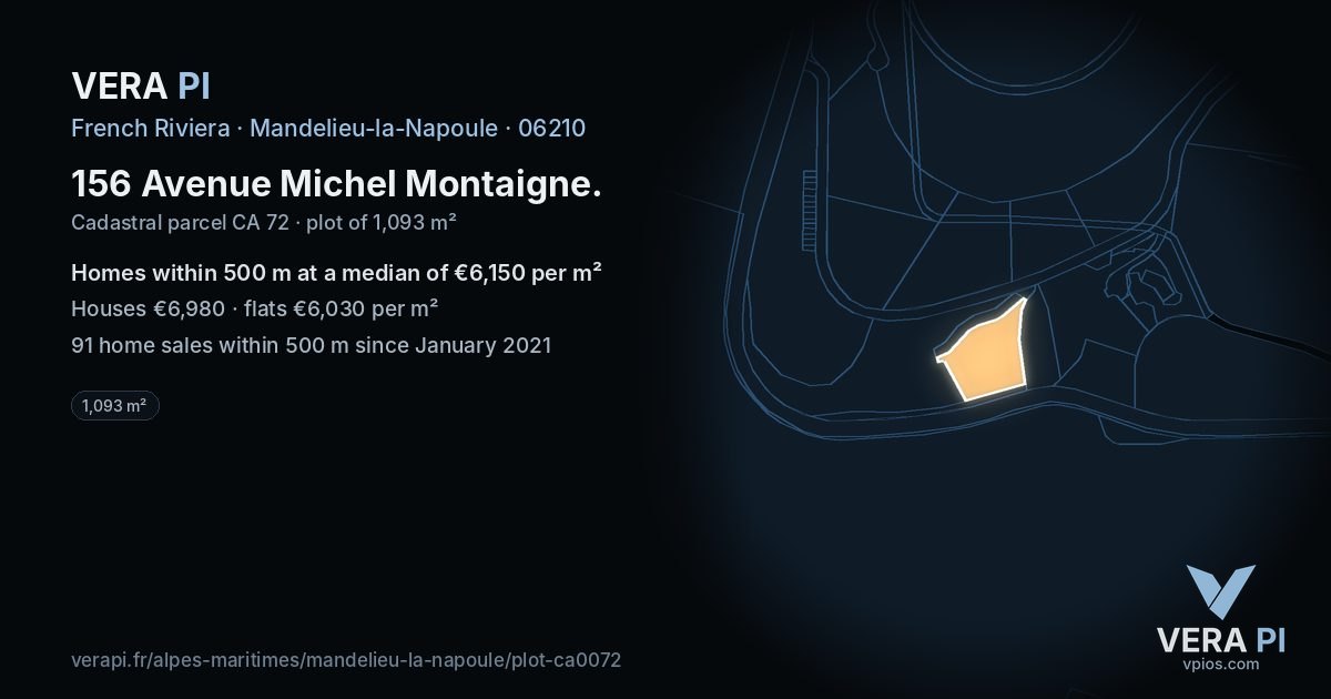 156 Avenue Michel Montaigne, Mandelieu-la-Napoule at night – the plot lit, the parcels around coloured by the prices near them