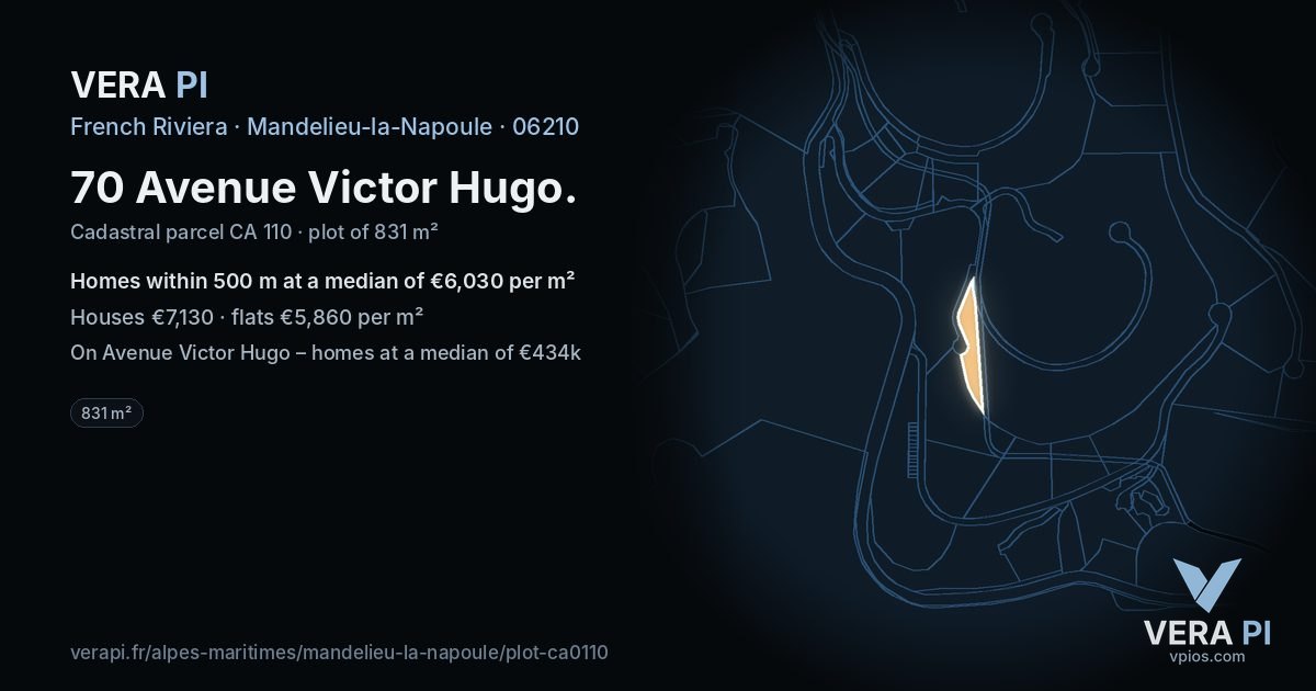 70 Avenue Victor Hugo, Mandelieu-la-Napoule at night – the plot lit, the parcels around coloured by the prices near them