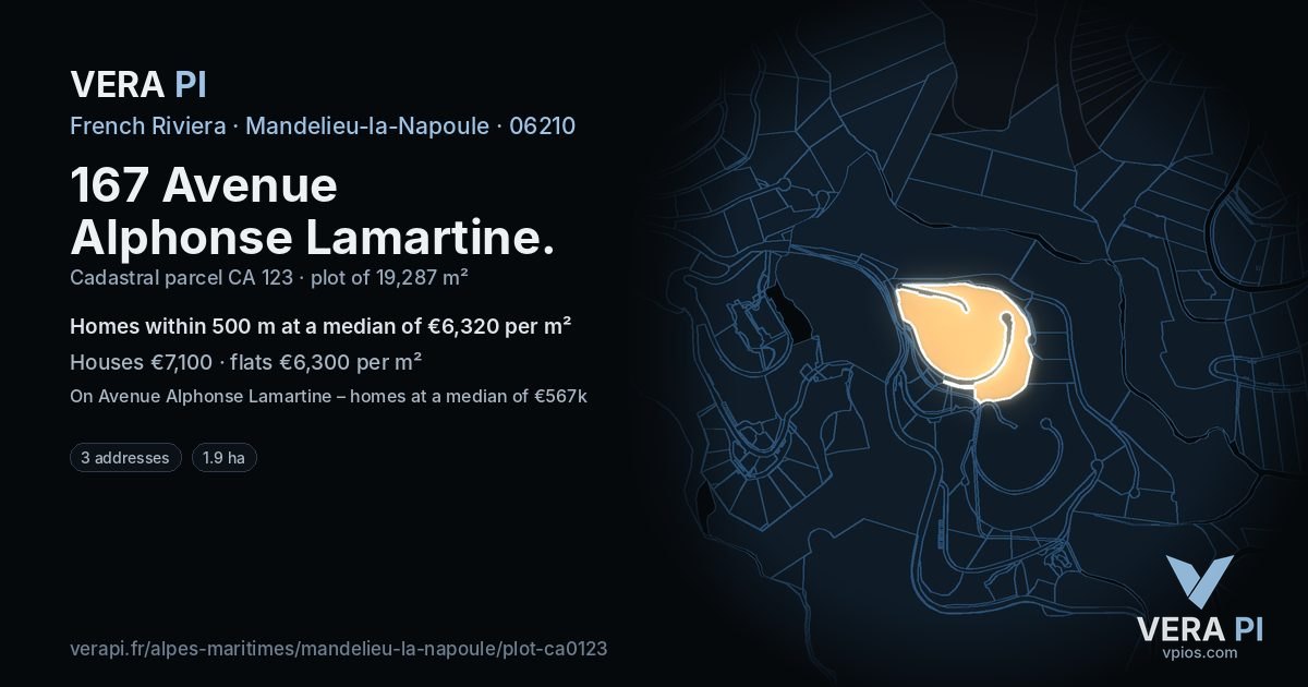 167 Avenue Alphonse Lamartine, Mandelieu-la-Napoule at night – the plot lit, the parcels around coloured by the prices near them