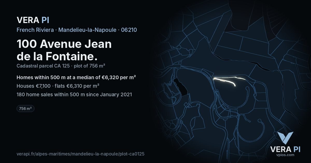 100 Avenue Jean de la Fontaine, Mandelieu-la-Napoule at night – the plot lit, the parcels around coloured by the prices near them