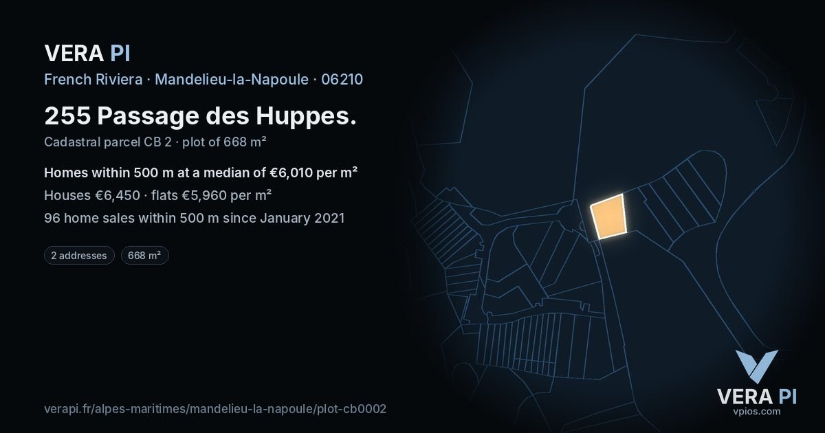 255 Passage des Huppes, Mandelieu-la-Napoule at night – the plot lit, the parcels around coloured by the prices near them