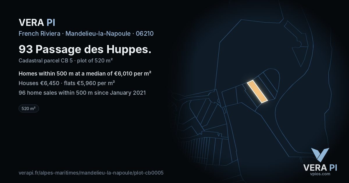 93 Passage des Huppes, Mandelieu-la-Napoule at night – the plot lit, the parcels around coloured by the prices near them
