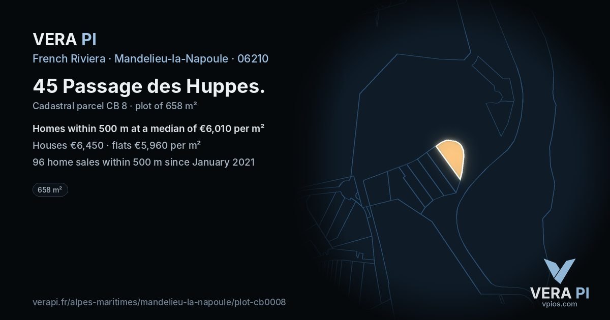45 Passage des Huppes, Mandelieu-la-Napoule at night – the plot lit, the parcels around coloured by the prices near them