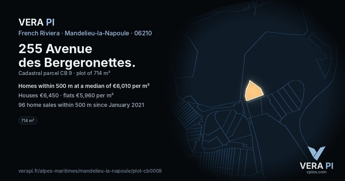 255 Avenue des Bergeronettes, Mandelieu-la-Napoule at night – the plot lit, the parcels around coloured by the prices near them
