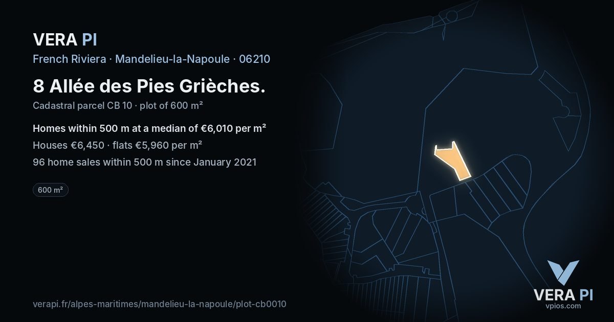 8 Allée des Pies Grièches, Mandelieu-la-Napoule at night – the plot lit, the parcels around coloured by the prices near them