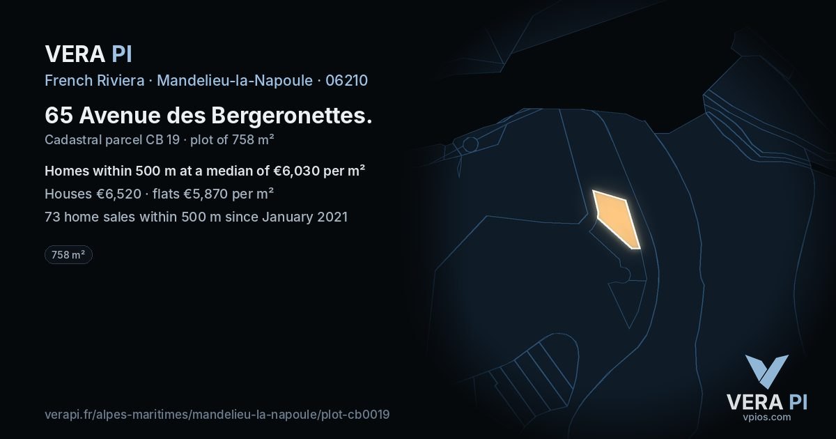 65 Avenue des Bergeronettes, Mandelieu-la-Napoule at night – the plot lit, the parcels around coloured by the prices near them