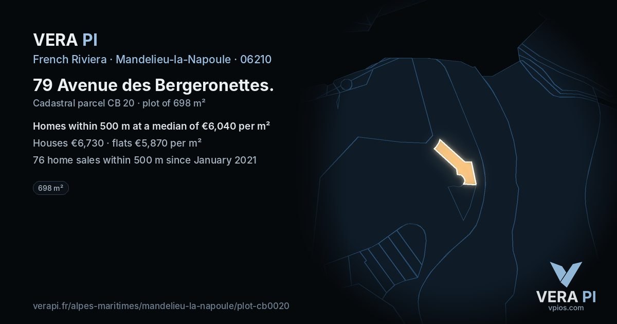 79 Avenue des Bergeronettes, Mandelieu-la-Napoule at night – the plot lit, the parcels around coloured by the prices near them