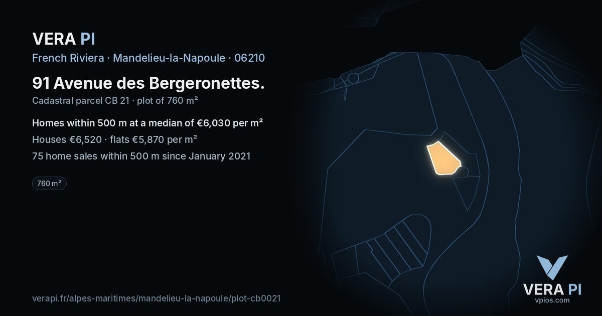 91 Avenue des Bergeronettes, Mandelieu-la-Napoule at night – the plot lit, the parcels around coloured by the prices near them