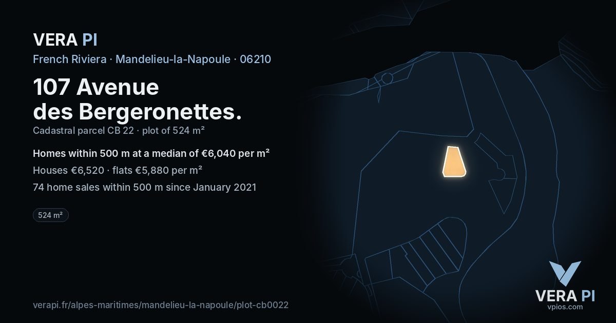 107 Avenue des Bergeronettes, Mandelieu-la-Napoule at night – the plot lit, the parcels around coloured by the prices near them