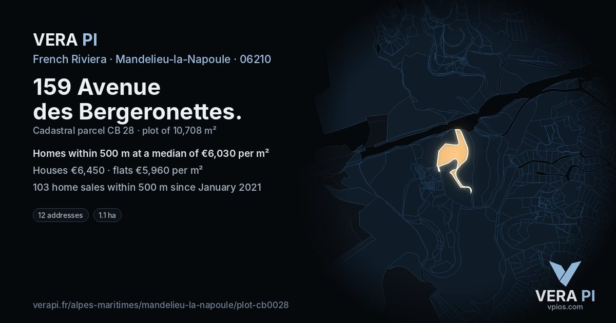 159 Avenue des Bergeronettes, Mandelieu-la-Napoule at night – the plot lit, the parcels around coloured by the prices near them