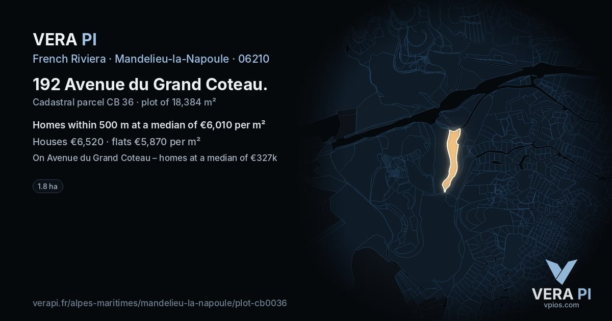 192 Avenue du Grand Coteau, Mandelieu-la-Napoule at night – the plot lit, the parcels around coloured by the prices near them