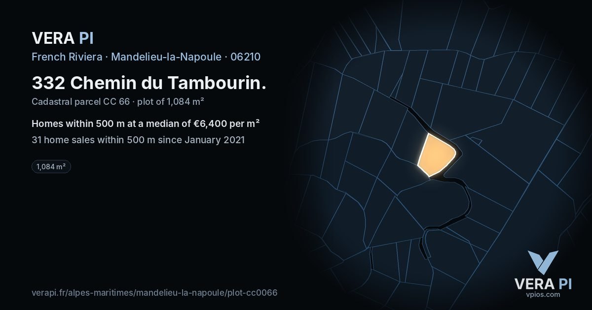 332 Chemin du Tambourin, Mandelieu-la-Napoule at night – the plot lit, the parcels around coloured by the prices near them