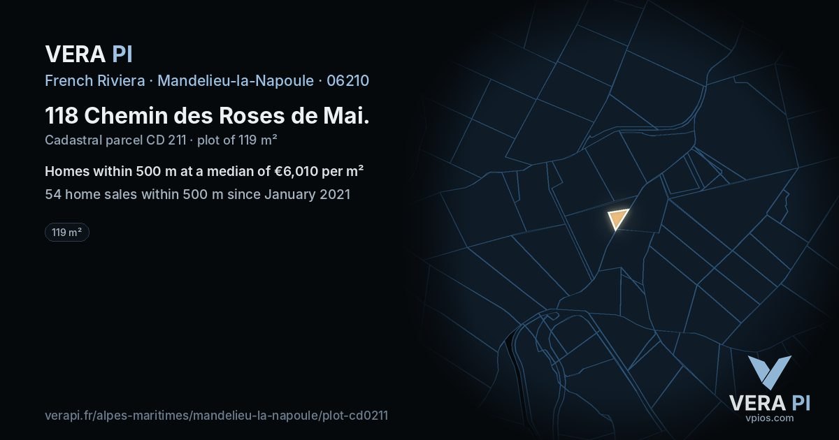 118 Chemin des Roses de Mai, Mandelieu-la-Napoule at night – the plot lit, the parcels around coloured by the prices near them