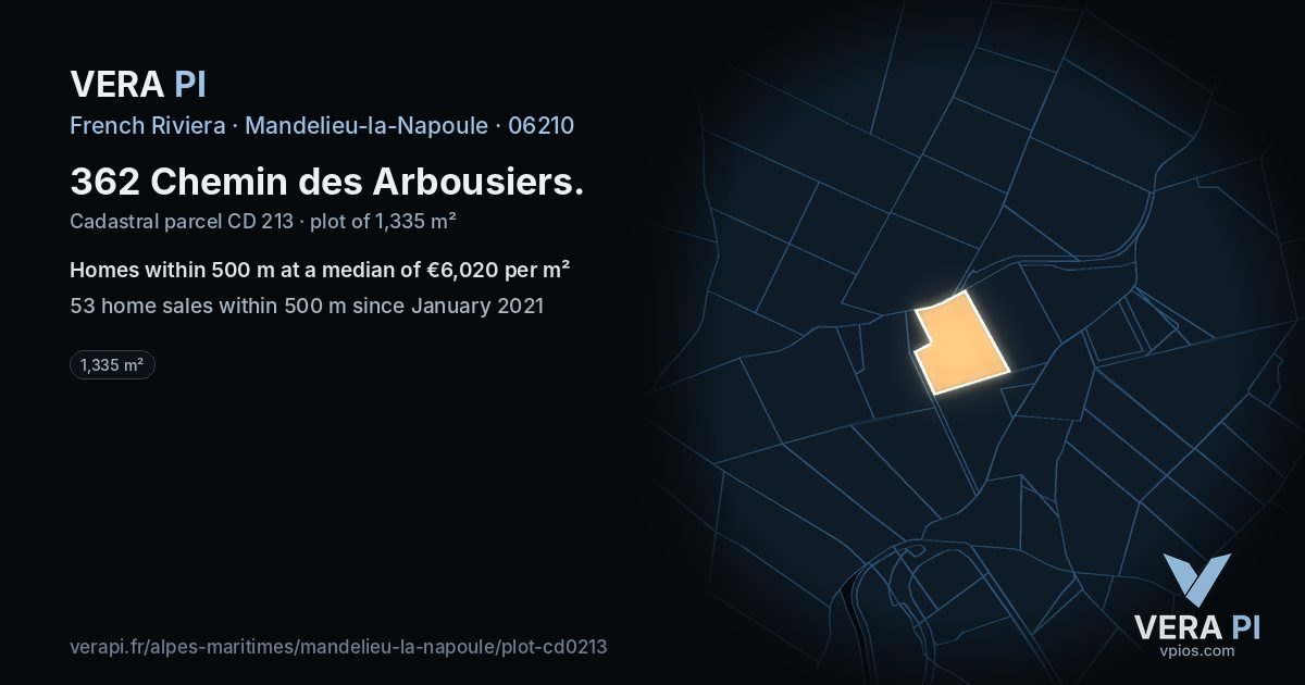 362 Chemin des Arbousiers, Mandelieu-la-Napoule at night – the plot lit, the parcels around coloured by the prices near them