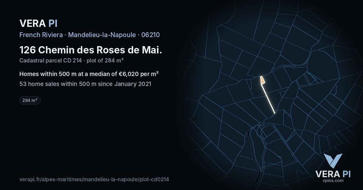 126 Chemin des Roses de Mai, Mandelieu-la-Napoule at night – the plot lit, the parcels around coloured by the prices near them