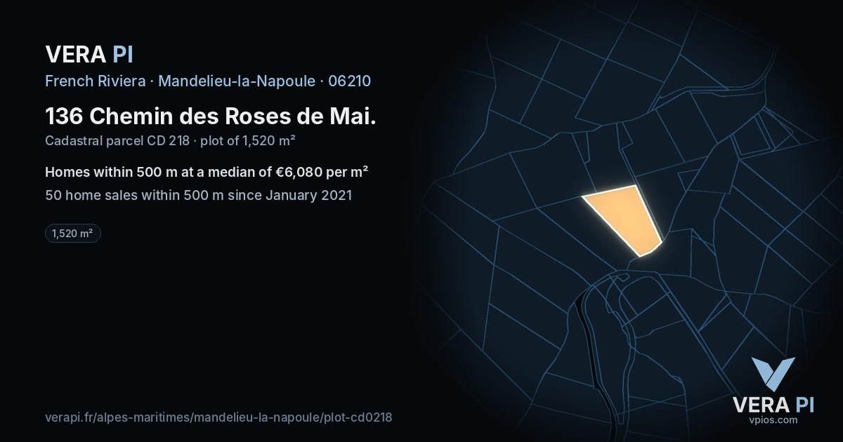 136 Chemin des Roses de Mai, Mandelieu-la-Napoule at night – the plot lit, the parcels around coloured by the prices near them
