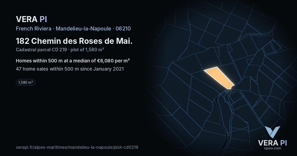 182 Chemin des Roses de Mai, Mandelieu-la-Napoule at night – the plot lit, the parcels around coloured by the prices near them