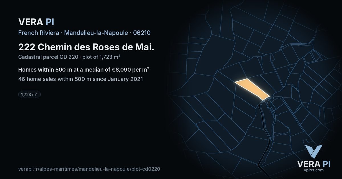 222 Chemin des Roses de Mai, Mandelieu-la-Napoule at night – the plot lit, the parcels around coloured by the prices near them