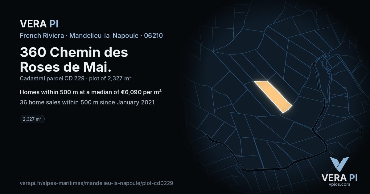 360 Chemin des Roses de Mai, Mandelieu-la-Napoule at night – the plot lit, the parcels around coloured by the prices near them