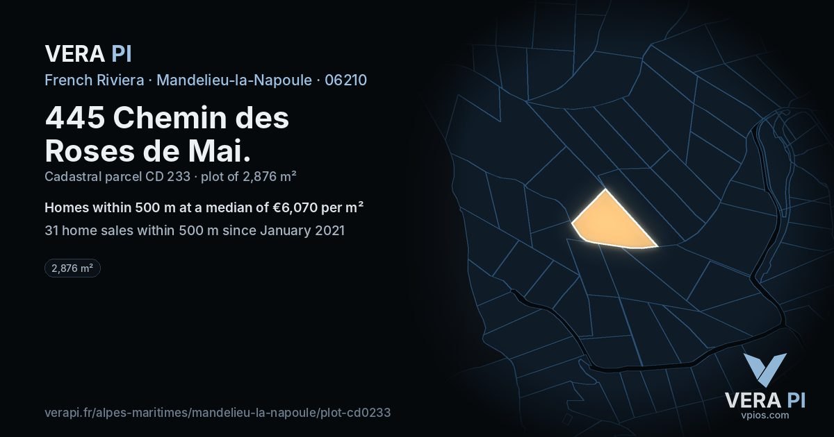 445 Chemin des Roses de Mai, Mandelieu-la-Napoule at night – the plot lit, the parcels around coloured by the prices near them
