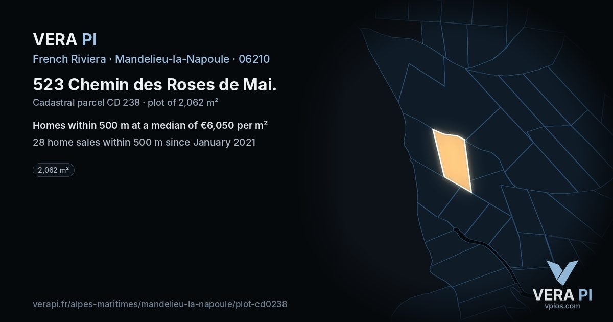 523 Chemin des Roses de Mai, Mandelieu-la-Napoule at night – the plot lit, the parcels around coloured by the prices near them