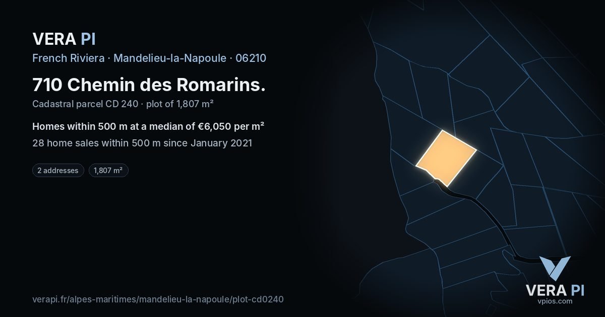 710 Chemin des Romarins, Mandelieu-la-Napoule at night – the plot lit, the parcels around coloured by the prices near them