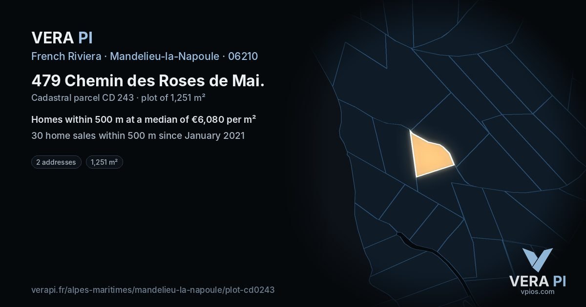 479 Chemin des Roses de Mai, Mandelieu-la-Napoule at night – the plot lit, the parcels around coloured by the prices near them