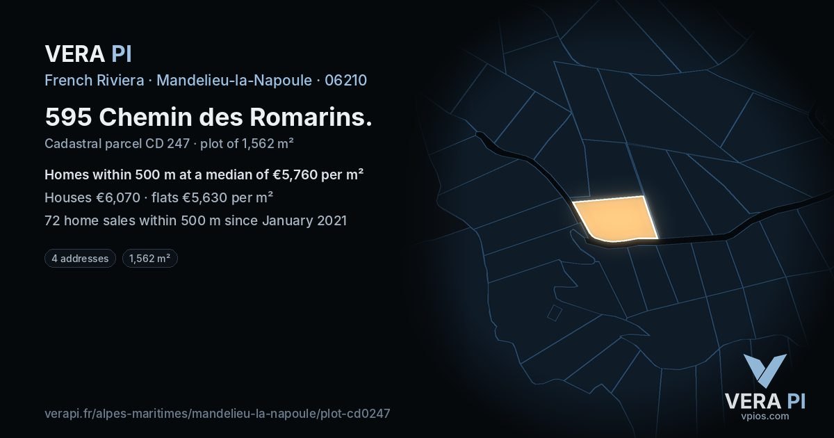 595 Chemin des Romarins, Mandelieu-la-Napoule at night – the plot lit, the parcels around coloured by the prices near them