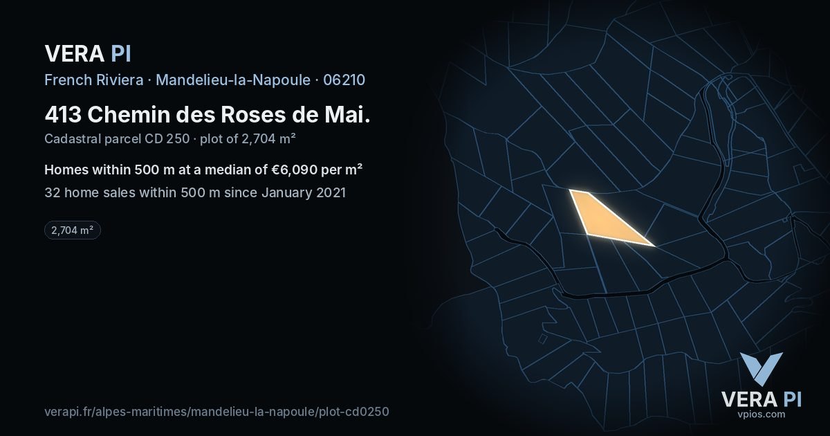 413 Chemin des Roses de Mai, Mandelieu-la-Napoule at night – the plot lit, the parcels around coloured by the prices near them