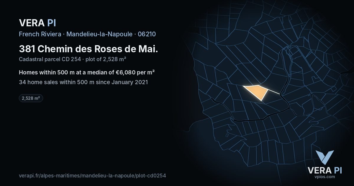 381 Chemin des Roses de Mai, Mandelieu-la-Napoule at night – the plot lit, the parcels around coloured by the prices near them