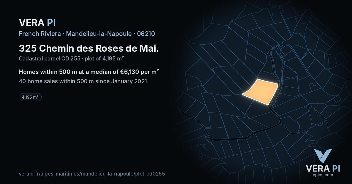325 Chemin des Roses de Mai, Mandelieu-la-Napoule at night – the plot lit, the parcels around coloured by the prices near them