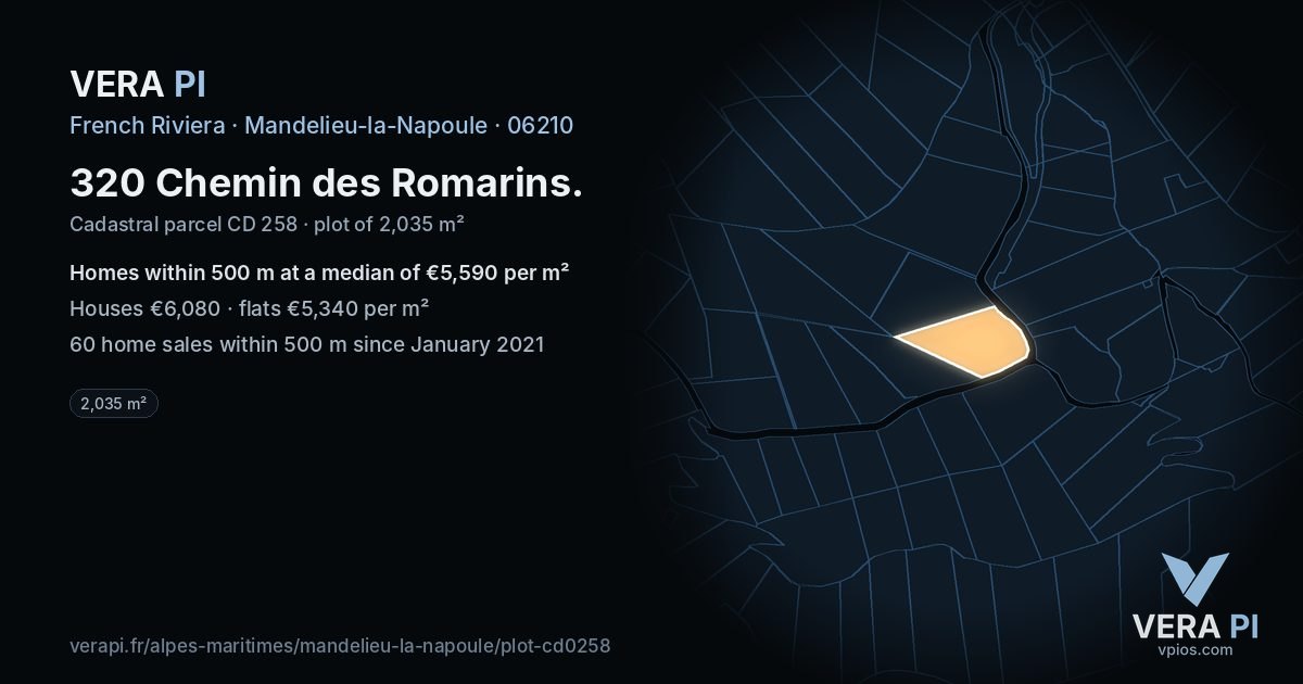 320 Chemin des Romarins, Mandelieu-la-Napoule at night – the plot lit, the parcels around coloured by the prices near them
