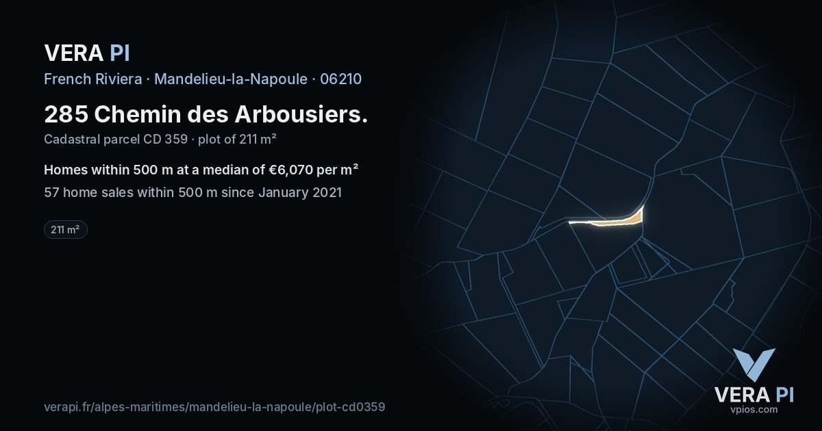285 Chemin des Arbousiers, Mandelieu-la-Napoule at night – the plot lit, the parcels around coloured by the prices near them